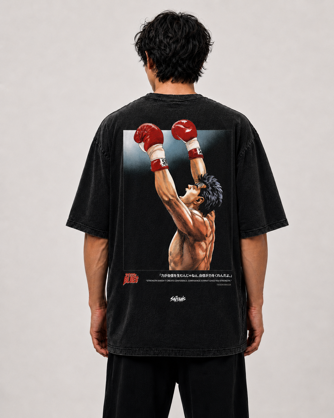 Model wearing Taison Maeda anime t-shirt - Saiyans manga streetwear