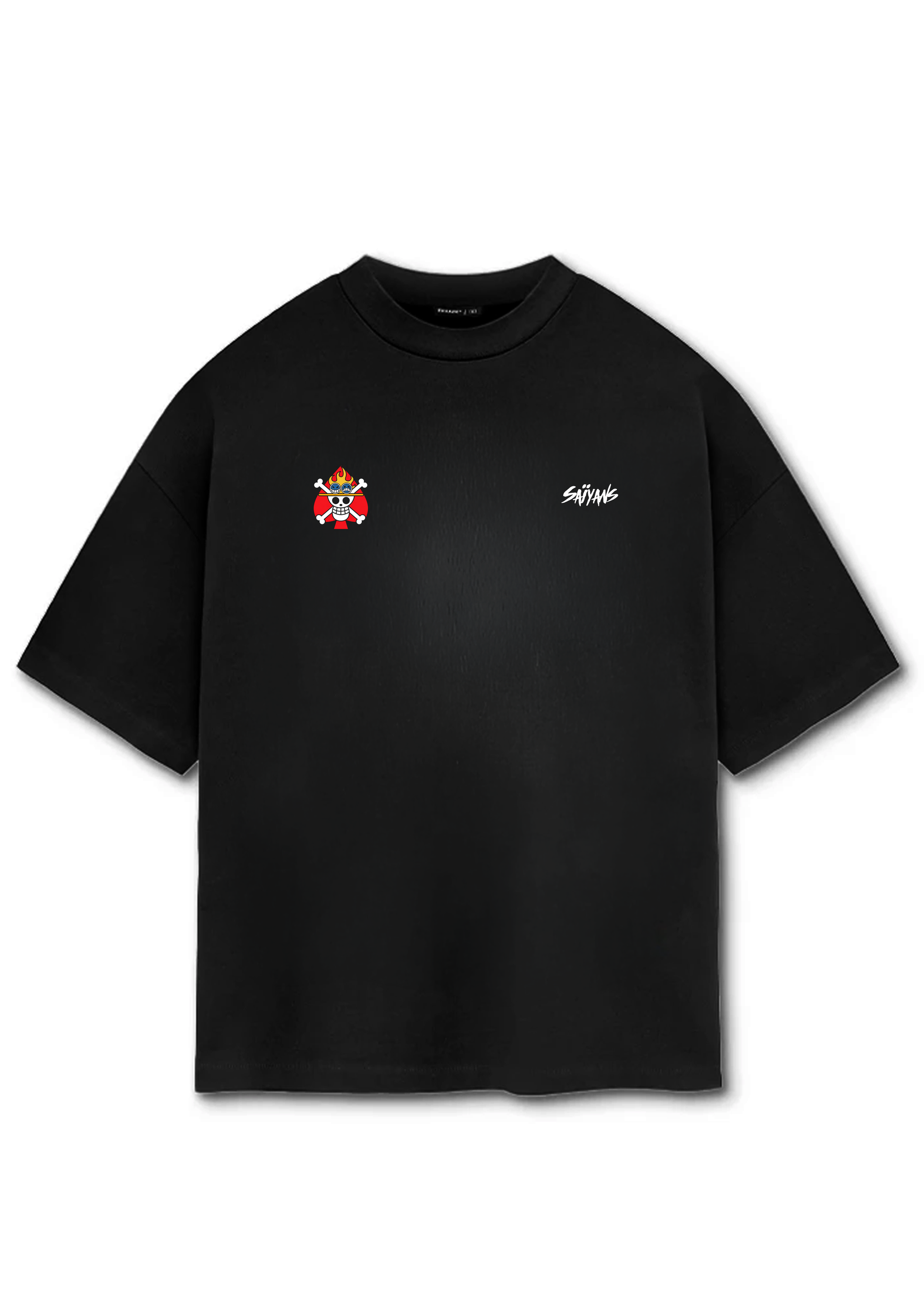 Ace oversized anime t-shirt front view with flame chest emblem - Saiyans Studio