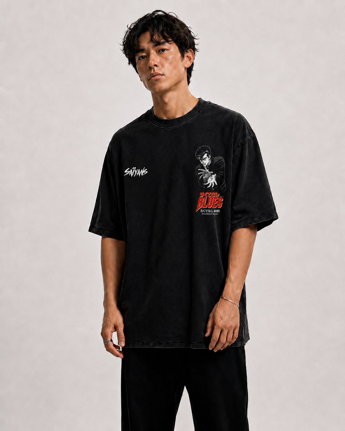 Taison Maeda oversized black t-shirt detail shot - DTG print by Saiyans