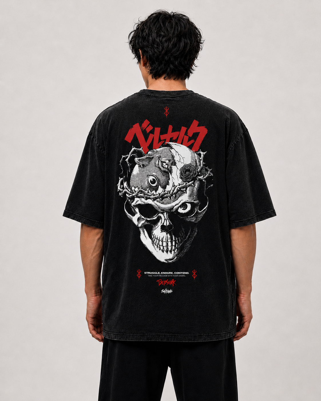 Model wearing Guts Berserk anime t-shirt - Saiyans Studio