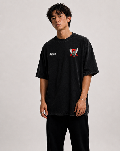 Takamura oversized black t-shirt detail shot - DTG print by Saiyans