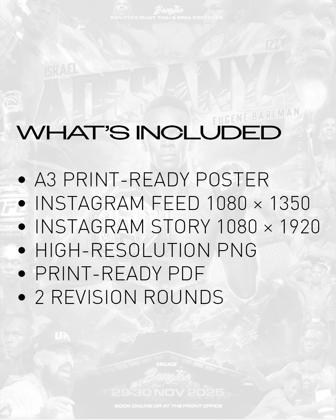 Custom fight poster design package with A3 and Instagram formats