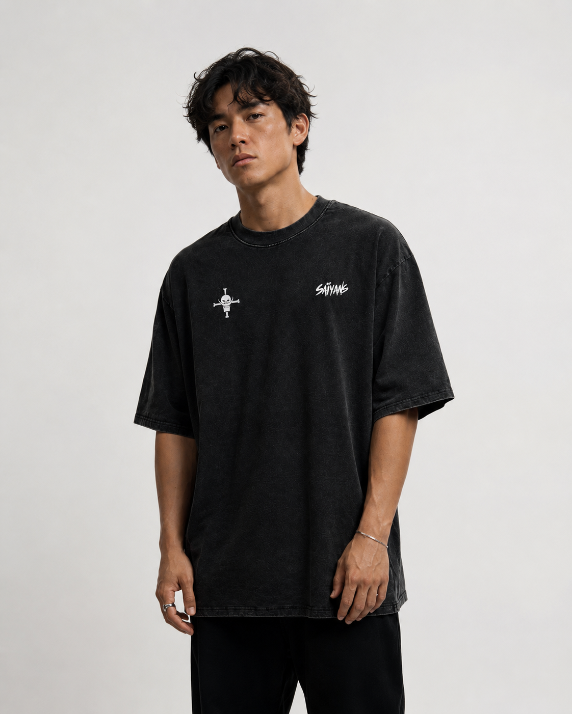 Whitebeard oversized black t-shirt detail shot - DTG print by Saiyans